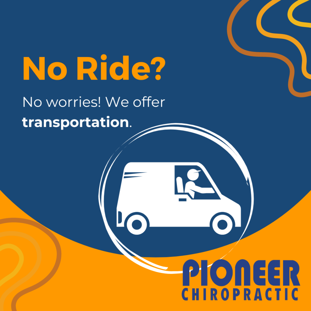 Graphic picturing a patient transportation vehicle with driver, caption is "No Ride? No worries! We offer transportation. "