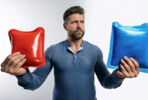Chiropractor holding a heating pad and an ice pad